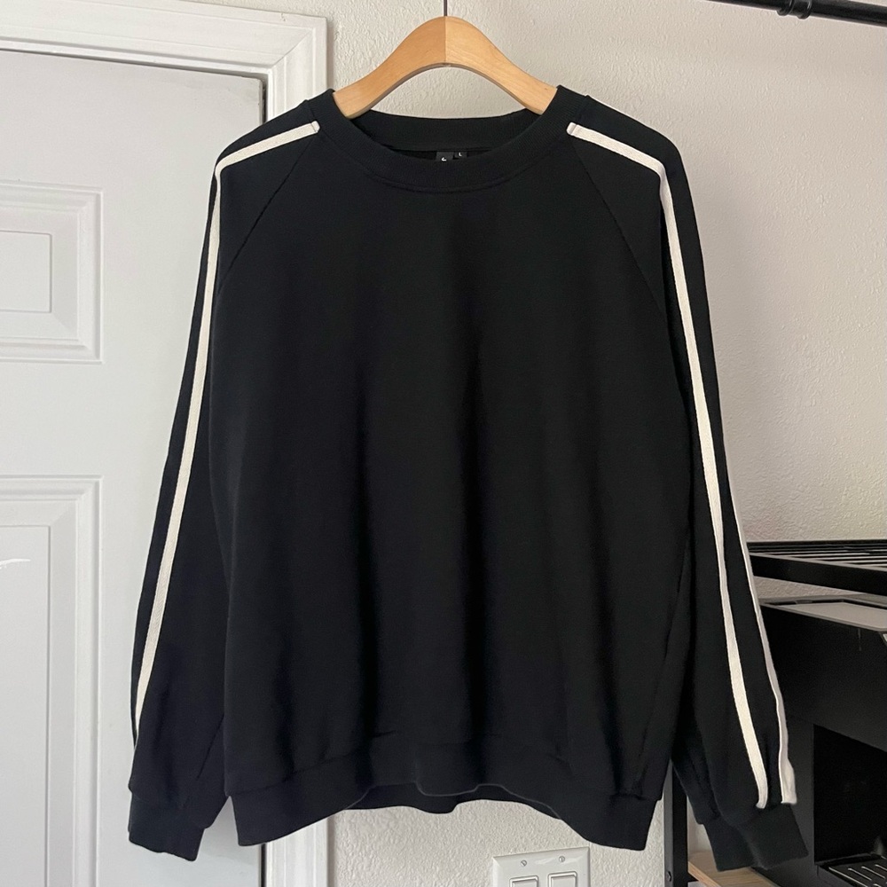 JONNY COTA black side stripe cotton terry crew neck boxy long sleeve sweater‎